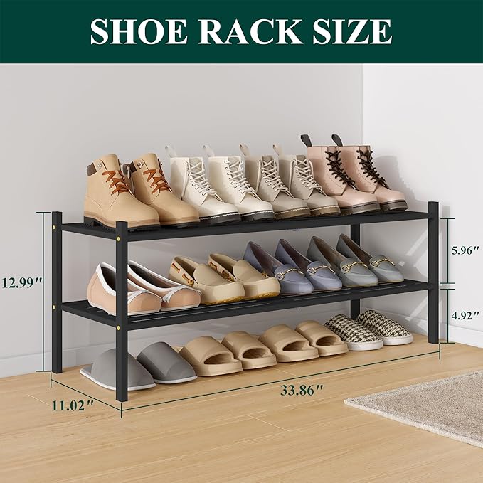 Smiry Long Bamboo Shoe Rack 2-Tier, Stackable Wooden Shoe Organizer for Entryway & Closet, Free Standing Wood Shoe Storage Shelf for Front Door & Small Spaces, Black