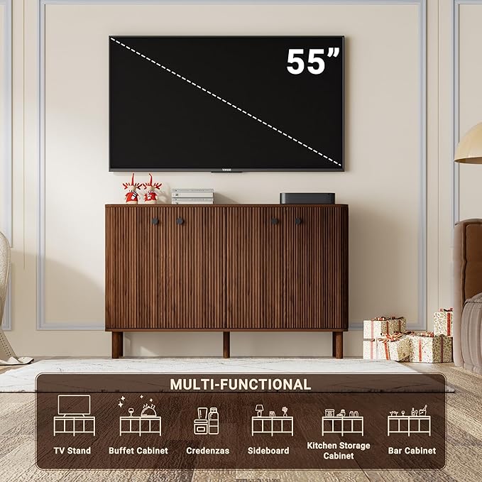 Fluted Sideboard Cabinet, Modern Buffet Cabinet, Storage Cabinet with Adjustable Shelves & Solid Wood Legs, Accent Credenza Sideboard for Kitchen, Coffee Bar, Living Room, Entryway, Hallway