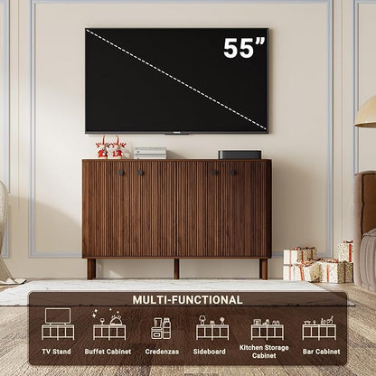Fluted Sideboard Cabinet, Modern Buffet Cabinet, Storage Cabinet with Adjustable Shelves & Solid Wood Legs, Accent Credenza Sideboard for Kitchen, Coffee Bar, Living Room, Entryway, Hallway