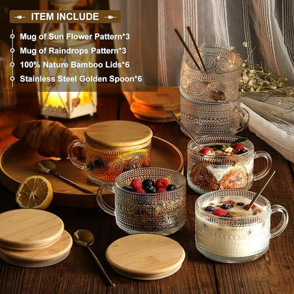 LANDNEOO 6 Pack 14oz Vintage Glass Coffee Mugs with Bamboo Lids and Spoons, Green Embossed Drinking Glasses for Iced Coffee, Tea, Latte