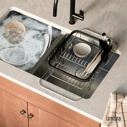 Umbra Sinkin Dish Drying Rack – Drainer with Cup Holders and Removable Cutlery Caddy – Use Over Sink, in Sink, or On Counter, Deluxe, Black/Nickel