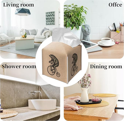 Grace Yonks Retro Tissue Box Cover Square - Frog on Penny-Farthing Design 5.2" PU Leather Holder for Vanity, Desk, or Bathroom Counter - Cube Case for Facial Tissues. (116)