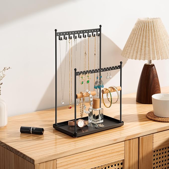 3 Tier Black Jewelry Stand, Necklace Organizer, Earring Holder with 44 Holes and 9 Hooks, for Necklaces, Bracelets, Rings