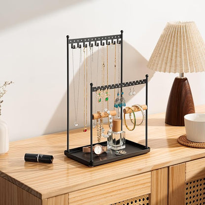 3 Tier Black Jewelry Stand, Necklace Organizer, Earring Holder with 44 Holes and 9 Hooks, for Necklaces, Bracelets, Rings