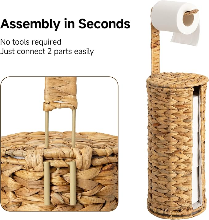 StorageWorks Wicker Water Hyacinth Freestanding Toilet Paper Holder Stand with Storage, Farmhouse Covered Toilet Paper Stand for 4 Rolls with Cloth Lining, Tissue Holder for Bathroom Decor with Shelf