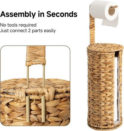 StorageWorks Wicker Water Hyacinth Freestanding Toilet Paper Holder Stand with Storage, Farmhouse Covered Toilet Paper Stand for 4 Rolls with Cloth Lining, Tissue Holder for Bathroom Decor with Shelf