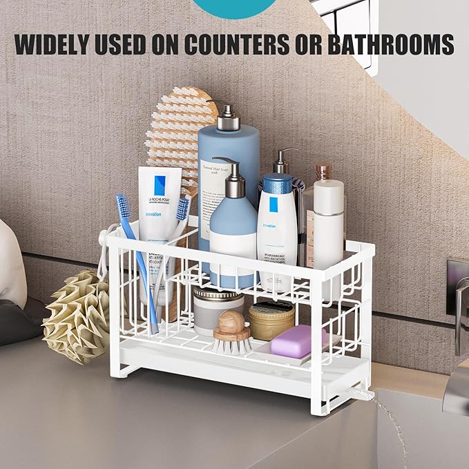 Taugast Sponge Holder for Kitchen Sink with Flexible Sponge Holder Smiley Face,2 Tier Kitchen Sink Organizer Countertop and Storage Essentials,Soap Dispenser Organize,Home Decor Accessories-White