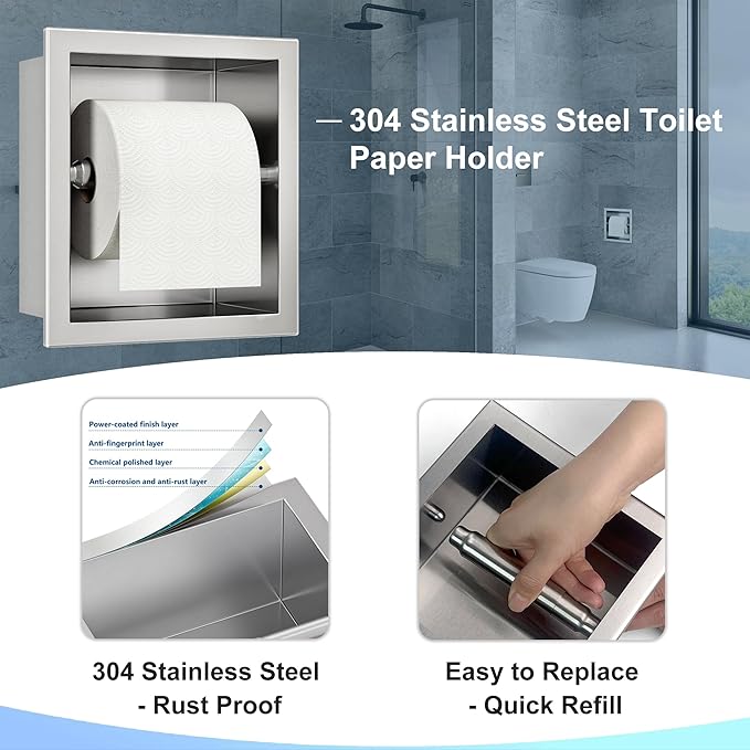 Neodrain Brushed Nickel Recessed Toilet Paper Holder - 304 Stainless Steel Built-in Wall Mount Bathroom Toilet roll Holder Tissue Dispenser for Mega Rolls (Brushed)