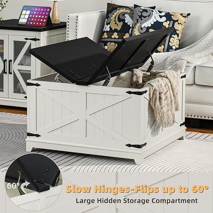 Farmhouse Coffee Table Set of 3, Furniture Set with Charging Station, Coffee Table with Hidden Storage Organizer and Nightsand 3-piece set, Country Center Table Set for Living Room,Office, Home