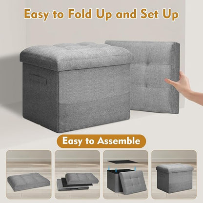 BelugaHelper Storage Ottoman Foot Rest, Folding Linen Foot Stool with Thicker Foam Padded Seat. Small Ottoman with Storage Bench for Bedroom Living Room, Holds Up to 300 lbs, 17x13x13IN (Light Gray)