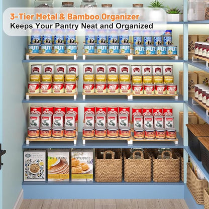 Expandable Can Organizer for Pantry, 3-Tier Adjustable Bamboo & Iron Can Rack for Cabinets, Easy Access Food Storage Shelf for Canned Goods, Soda & Soup Cans, Holds Up to 30 Cans, White