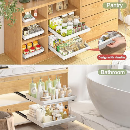 DOMNIU 2 Pack Pull Out Cabinet Organizers Expandable (13''-19''), Plastic Slide Out Drawers for Kitchen, Bathroom, Pantry, Under Sink Storage, Pull Out Drawers Fixed with Adhesive Nano Film (White)
