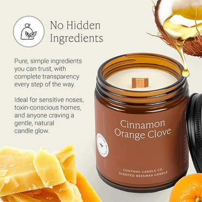 Fontana Candle Co Wood Wick Beeswax Jar Candle, Cinnamon Orange Clove - Made with Coconut Oil & Pure Essential Oils – Clean Burn, Long Lasting and Non-Toxic Candles for Home & Room Decor