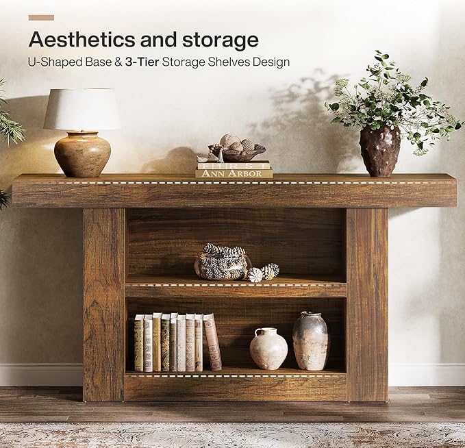 Tribesigns 63-Inch Console Table with Storage, 3-Tier Farmhouse Entryway Table with U-Shaped Base, Wooden Sofa Table Behind The Couch for Entrance, Hallway, Living Room Foyer, Brown