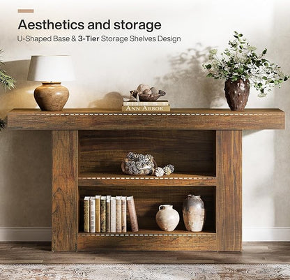 Tribesigns 63-Inch Console Table with Storage, 3-Tier Farmhouse Entryway Table with U-Shaped Base, Wooden Sofa Table Behind The Couch for Entrance, Hallway, Living Room Foyer, Brown