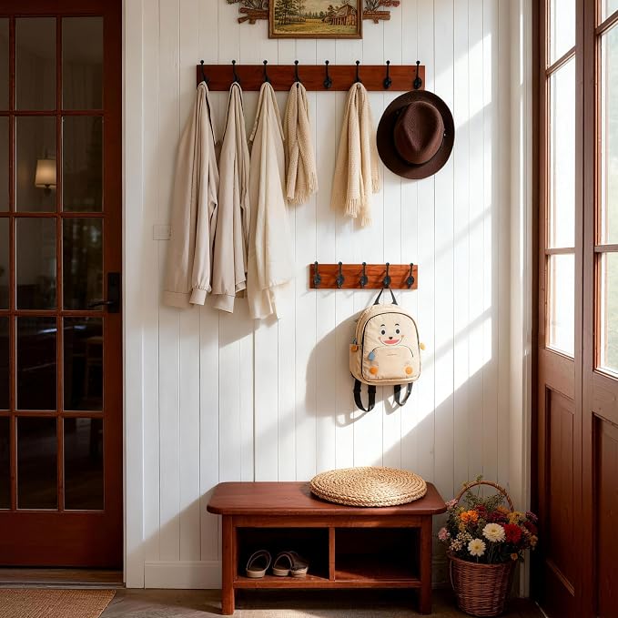 WEBI Rustic Coat Rack Wall Mount,35.43" Long 8 Cast Iron Coat Hooks Wall Mounted,Heavy Duty Wood Wall Coat Hanger Hooks for Hanging Coats,Jacket,Clothes,Backpack,Farmhouse,Cherry