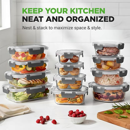 NutriChef 24pcs Glass Food Storage Containers, (12 Stackable Heavy Duty Meal Prep Containers w/ 12 Airtight Lids), Microwave, Freezer, & Dishwasher Safe for Food, Snacks, Fruit & More, (Gray)