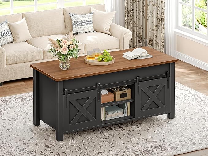 SEDETA Lift Top Coffee Table, Farmhouse Lift Tabletop Dining Table, Gas Spring, Hidden Compartment, Open Storage Shelf, for Living Room, Black Brown