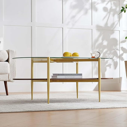Oval Glass Coffee Table, Mid-Century Modern Design, L42*W22*H17 inch, for Living Room, Clear Glass Top and Walnut Finish Wood Shelf, Conical Metal Legs with Gold Finish