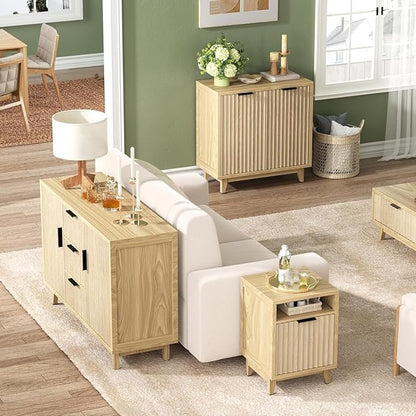 Fluted Cabinet with Storage, 2 Doors Sideboard Buffet, Mid Century Modern Accent Cabinet with Adjustable Shelves, Multifunctional Console Table with Storage for Living Room, Kitchen, Entryway