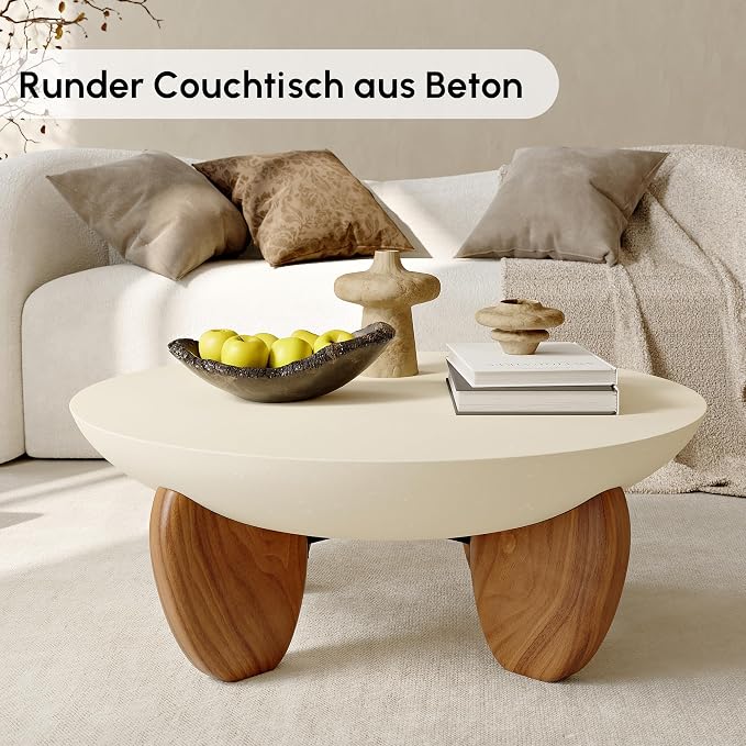 homary 30" Round Coffee Table, Modern Concrete Center Table with Walnut Ash Wood Legs, Minimalist Cement Finish for Living Room