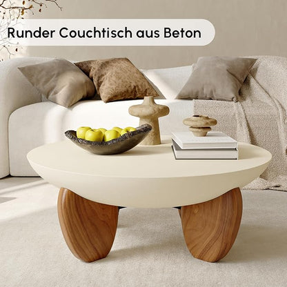 homary 30" Round Coffee Table, Modern Concrete Center Table with Walnut Ash Wood Legs, Minimalist Cement Finish for Living Room