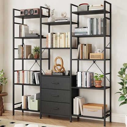 AFLUI Triple Bookshelf with 3 Fabric Drawers, 5-Tier Book Shelf and 10 Display Shelves, Industrial Large Bookcase for Home & Office, Black, 47'' Wide