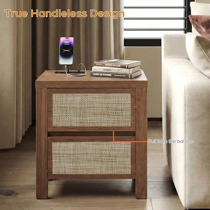 XIAO WEI Set of 2 Rattan Nightstand with Charging Station, Boho Bedside Table with 2 Drawers, Farmhouse End Table for Bedroom, Wood Accent Bed Side Table with Storage, Reclaimed Caramel Oak