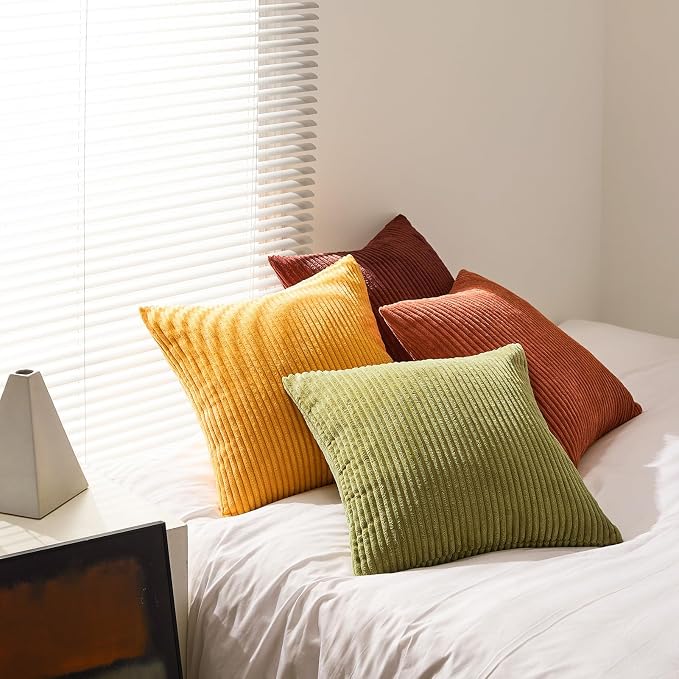 Topfinel Fall Burnt Orange Decorative Throw Pillows Covers 18x18 Inch Set of 4,Yellow Green Gradient Series Corduroy Striped Square Pillow Case,Western Modern Cushion Cover for Couch Sofa Bedroom