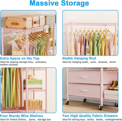 Ulif F3R Heavy Duty Clothes Rack（With Lockable Wheels）Freestanding Clothing Racks for Hanging Clothes，Adjustable Closet Organizer System，Portable Garment Rack 40"W x 15"D x 74"H，Max Load 700LBS，Pink