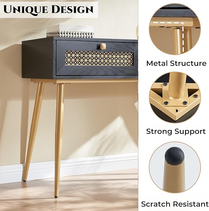 Mid Century Modern Console Table with Drawers, Narrow Sofa Table for Living Room, Entryway and Bedroom, Boho Style, Black