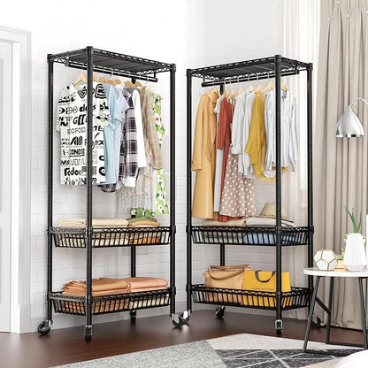 Heavy Duty Clothes Rack Rolling Garment Rack,3 Tier Adjustable Wire Shelving Clothing Racks for Hanging Clothes with Double Rods&Side Hooks,Freestanding Wardrobe Storage Rack Metal Portable Closet