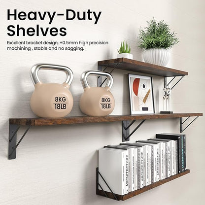 BAYKA Wall Shelves for Bedroom Decor, Floating Shelves for Wall, Display Mounted Rustic Wood Shelf for Books,Plants,Corner Shelves for Bathroom,Kitchen,Living Room(Rustic Brown，23in，Set of 4)