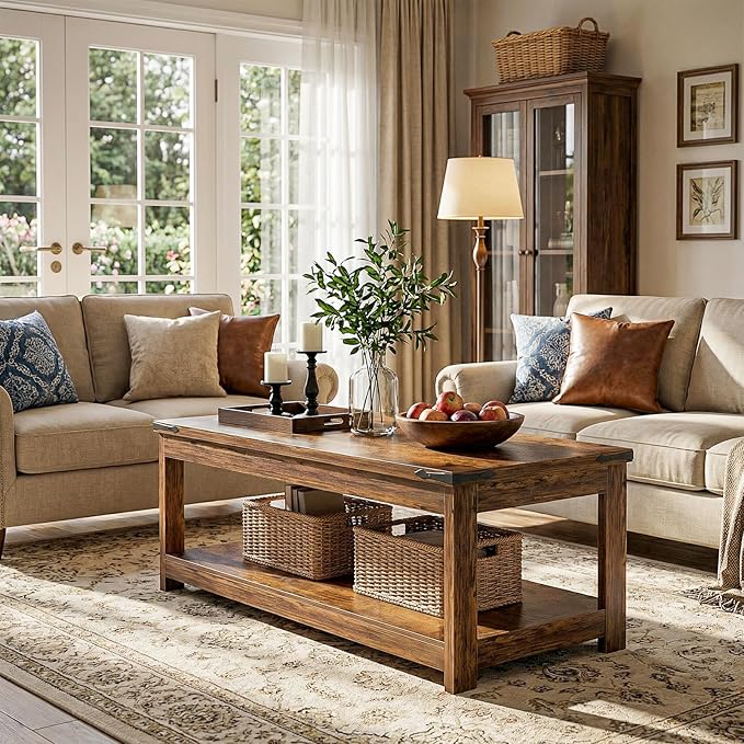 Homieasy Coffee Table with Storage Shelf, 43.3” Farmhouse Wood Coffee Tables for Living Room, Modern Center Tea Table, Rustic Brown