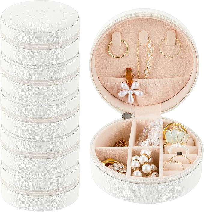 6 Pcs Travel Jewelry Case Bridesmaid Gift Boxes Jewelry Travel Organizer Small Round Jewelry Box Mini Storage PU Leather