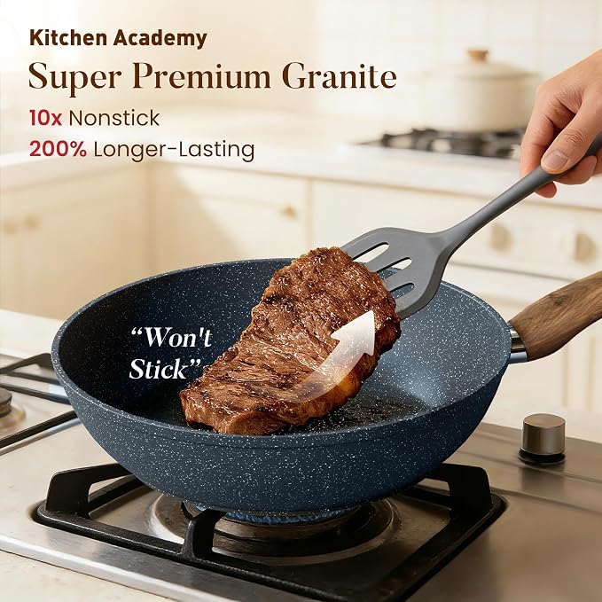 Kitchen Academy Blue Pots and Pans Set Non Stick, 12Pcs Induction Cookware | Premium die-cast aluminum, nonstick granite coating, fast heating, easy to clean, PFOA & PFOS free, toxic-free cooking
