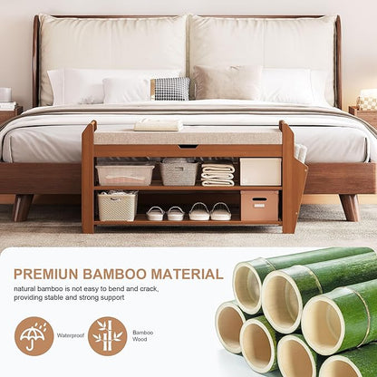 31.5" Bamboo Shoe Rack Bench with Storage, 3-Tier Entryway Bench with Thick Cushion, Flip-Top & Side Baskets, Holds Up to 550 LBS for Hallway, Living Room, Bedroom