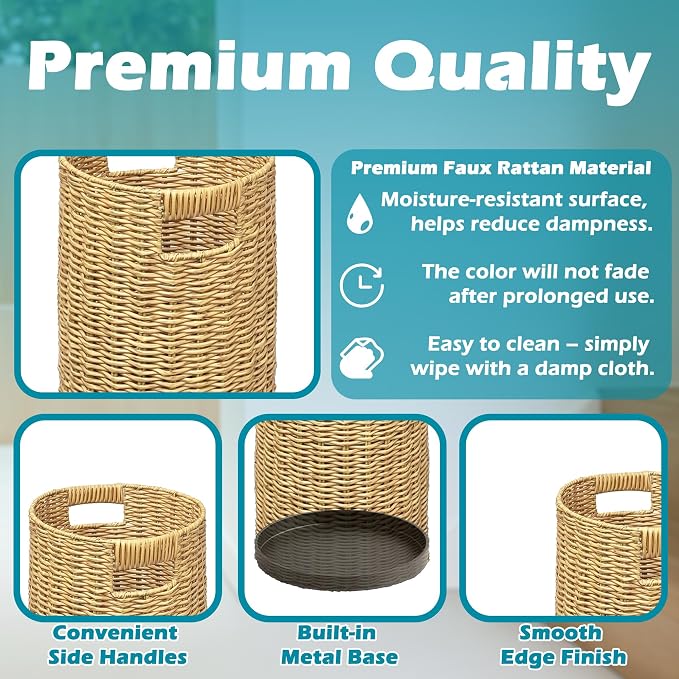 Rattan Umbrella Holder 21" H X 10" D, Handmade Wicker Umbrella Stand Indoor with Dip Tray, Sturdy Umbrella Holders for Entryway, Umbrella Bucket Fits Mudroom,Walking Canes,Home,Office (Oak)