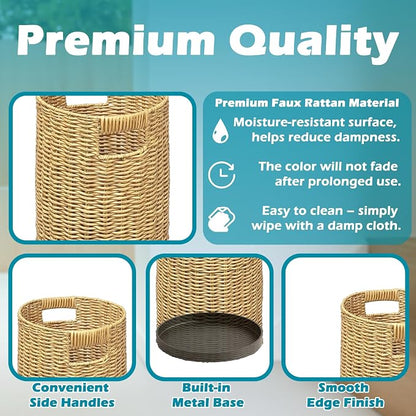 Rattan Umbrella Holder 21" H X 10" D, Handmade Wicker Umbrella Stand Indoor with Dip Tray, Sturdy Umbrella Holders for Entryway, Umbrella Bucket Fits Mudroom,Walking Canes,Home,Office (Oak)