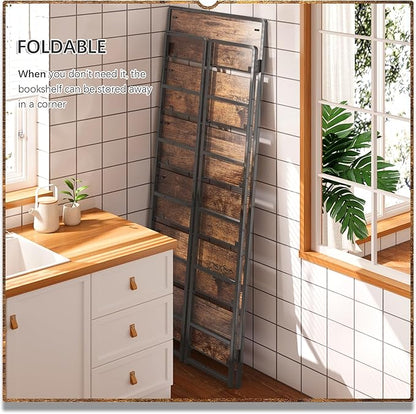 4NM No Assembly 6 Tiers Folding Bookshelf Storage Shelves Vintage Bookcase Standing Racks Study Organizer Home Office (Rustic Brown Black)