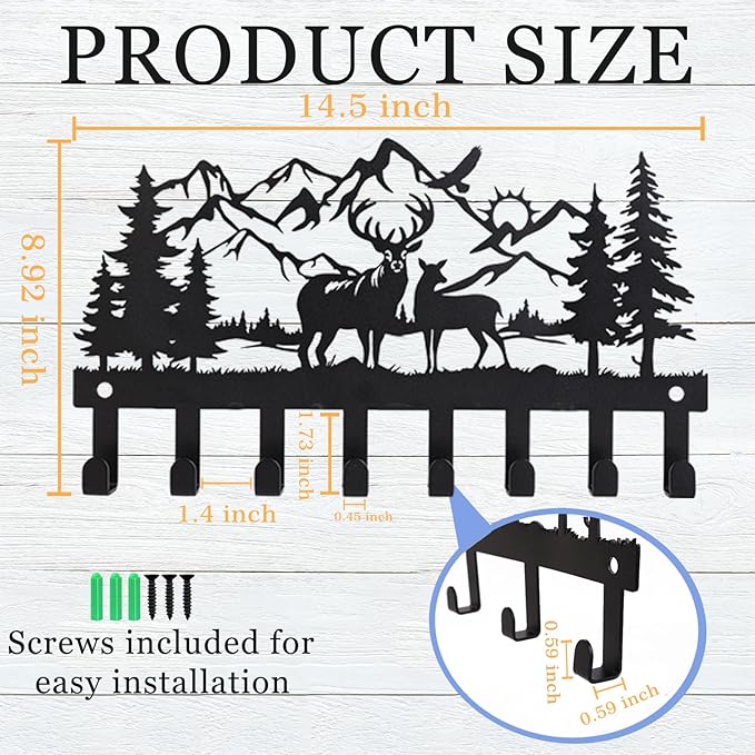 Deer Metal Key Holder for Wall, 14.5" X 8.9", Key Hooks for Wall Organizer, Key Rack, Forest Theme Coat Hat Towel Hooks, Ideal for Living Room, Hallway, Office