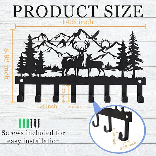 Deer Metal Key Holder for Wall, 14.5" X 8.9", Key Hooks for Wall Organizer, Key Rack, Forest Theme Coat Hat Towel Hooks, Ideal for Living Room, Hallway, Office