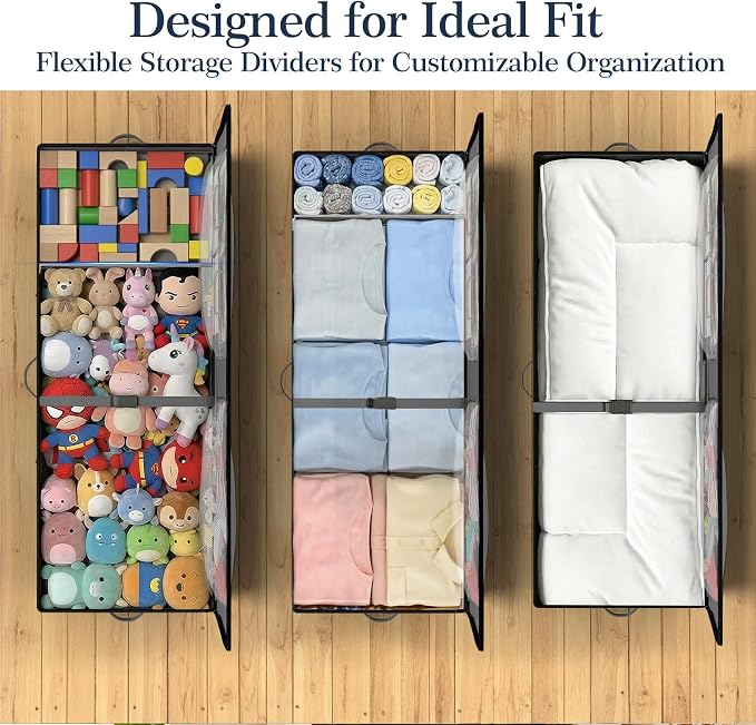 GoMaihe Under Bed Storage with Wheels: 70L Rolling Bins for Wrapping Paper Storage, Toys, Clothes - Includes Mesh Bag & Adjustable Dividers, Metal Frame Easy Pull-out Grey 1-Pack
