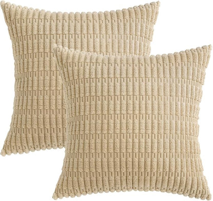MIULEE Pack of 2 Corduroy Decorative Throw Pillow Covers 12x12 Inch Soft Boho Striped Pillow Covers Modern Farmhouse Home Decor for Sofa Living Room Couch Bed Tan