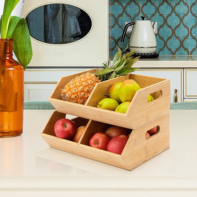 2 Set Bamboo Storage Bin, Pantry Organization and Storage Baskets, Kitchen Organization, Potato and Onion Storage Bin - Ideal for Pantry, Countertop, and Vegetable Storage