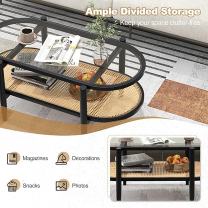 Giantex Rattan Coffee Table, 2-Tier Oval Wood Tea Table with Tempered Glass Tabletop & PE Rattan Storage Shelf, 40" Boho Cocktail Tables, Mid Century Modern Center Table for Living Room Office, Black