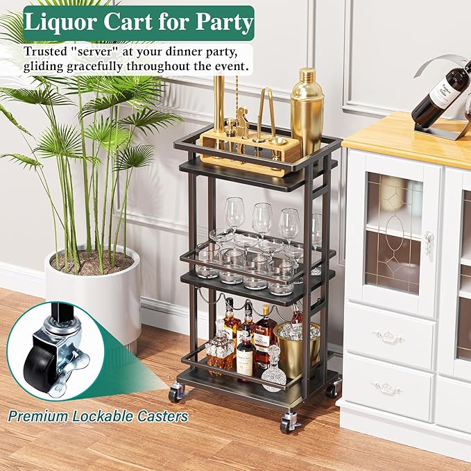 3-Tier Liquor Cabinet with Wine Rack, Mini Bar Cart for Home, Small Liquor Bar Cabinet for Alcohol, Rolling Kitchen Serving Cart on Wheels, Wine Drink Cart for Party, Bar Stand for Small Space