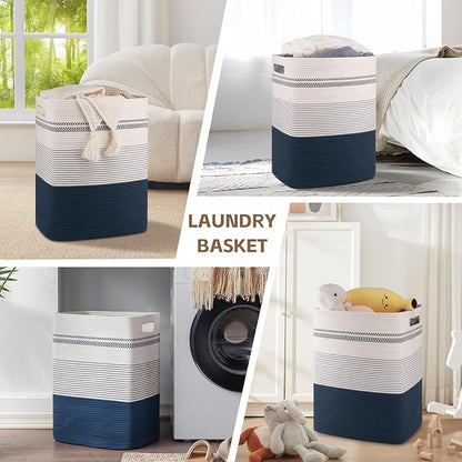 SIXDOVE Laundry Hamper, Large Woven Rope Tall Laundry Basket with Handles, 22" X 17" X 13", Decorative Storage Basket for Clothes and Blankets in Living room, Bedroom, Dark Blue& White
