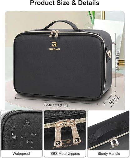 Relavel Makeup Train Case With LED Mirror, Professional Travel Cosmetic Bag with Removable Partitions,Compact Makeup Organizer, Waterproof Toiletry Case for Women, Black