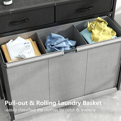 Laundry Hamper Laundry Basket with 3 Section Pull-Out Rolling Bags, Laundry Sorter for Organization and Storage with 2 Pull-Out Drawers for Laundry Room, Bathroom, Bedroom Use (Black)